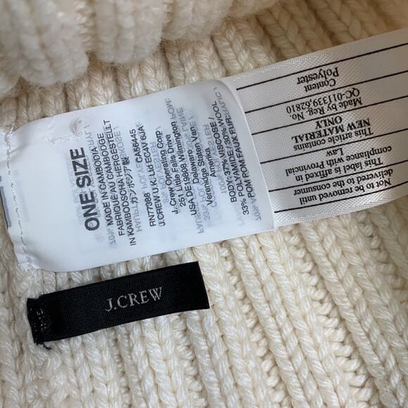 J Crew Cream Ribbed Knit Cream beanie with faux-fur pom-pom Hat - Picture 4 of 8